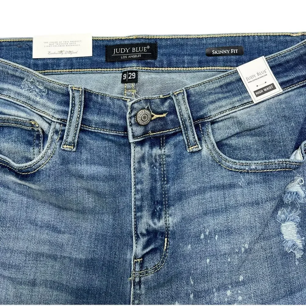 Judy Blue Hi-Rise Medium Wash Skinny Bleach Splash Destroyed Jeans (NWT)‎ - 9/29 - Picture 6 of 9